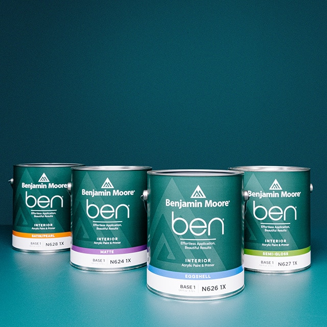 Four cans of ben Interior paint in matte, eggshell, satin/pearl and semi-gloss.