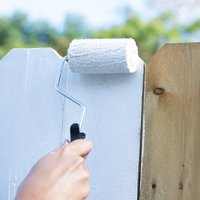 A homeowner rolls on Fresh Start® primer onto an unpainted exterior wooden fence.