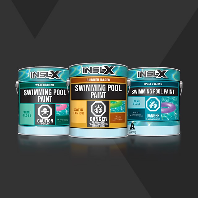 A 3.79L can of Insl-X® Waterborne Pool Paint, Insl-X Rubber-Based Pool Paint and  Insl-X Epoxy Pool Paint.