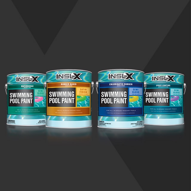 A gallon of Insl-X® Waterborne Pool Paint, Insl-X Rubber-Based Pool Paint,  Insl-X Chlorinated Rubber Pool Paint and Insl-X Epoxy Pool Paint.