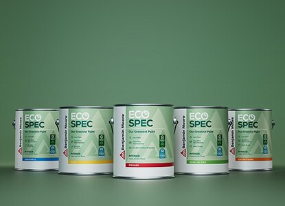 Five 3.79 L cans of Benjamin Moore® Eco Spec® Interior paint in eggshell, flat, primer, and semi-gloss.