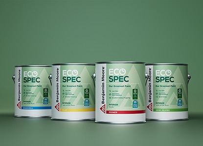 Four gallons of Benjamin Moore® Eco Spec® Interior paint in eggshell, flat, primer, and semi-gloss. Four gallons of Benjamin Moore® Eco Spec® Interior paint in eggshell, flat, primer, and semi-gloss.