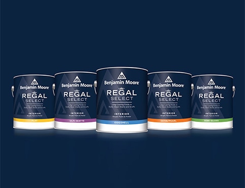 Five cans of Regal Select Interior Paint.