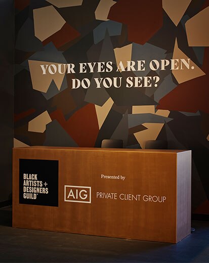 A mural by the Black Artists + Designers Guild in a range of Benjamin Moore paint colors asks: Your Eyes are Open, Do you See? A mural by the Black Artists + Designers Guild in a range of Benjamin Moore paint colors asks: Your Eyes are Open, Do you See?