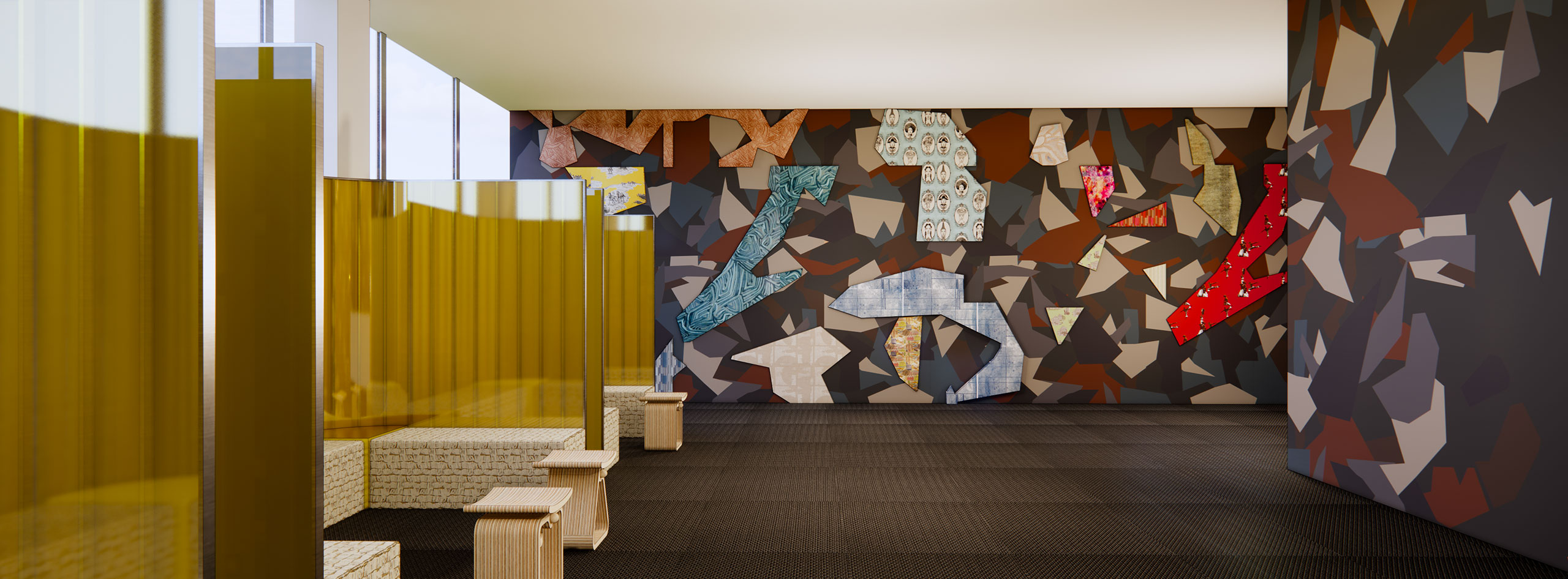 Wall murals created by the Black Artists + Designers Guild for a Design Miami lounge in a range of Benjamin Moore paint colors. Wall murals created by the Black Artists + Designers Guild for a Design Miami lounge in a range of Benjamin Moore paint colors.
