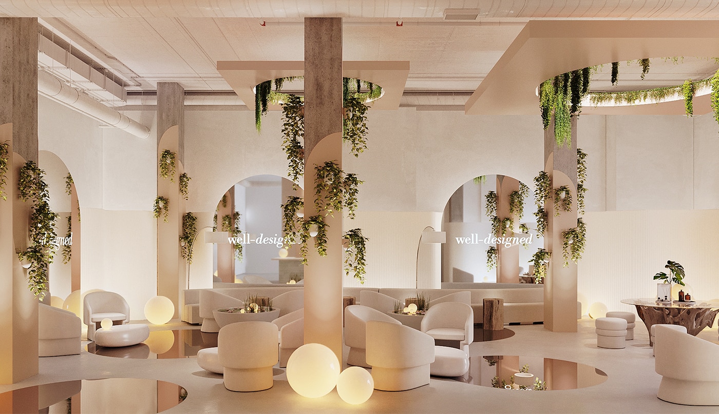 This beautiful, lounge-like Well-Designed space features walls painted in a gentle pink, Love & Happiness 1191, hanging plants, relaxing seating, soft glowing lamps, and accent floor mirrors. 