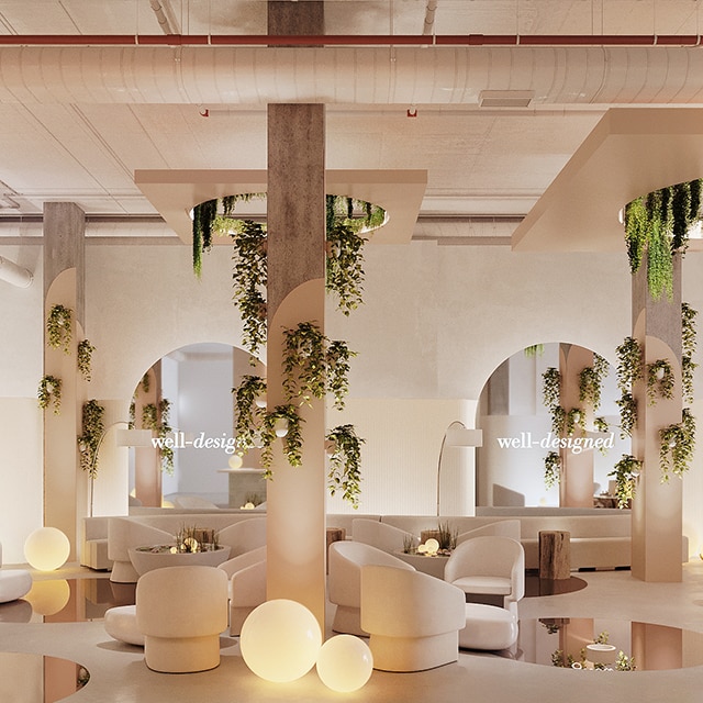 Ce magnifique espace de type boudoir chez Well-Designed présente des murs Allure de rose 1191, des plantes suspendues, des fauteuils confortables, des lampes tamisées et des miroirs décoratifs de plancher. 