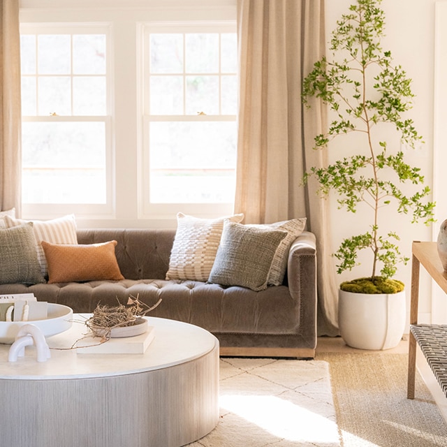 A sunlit, soft-white painted living room with gray, white and natural wood furniture, and a white and black patterned rug.