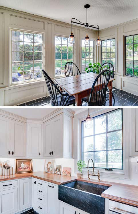 Two photos of a homes interior, the first is a dining area with a table and four chairs, and the second is a white kitchen with a black farmhouse sink.