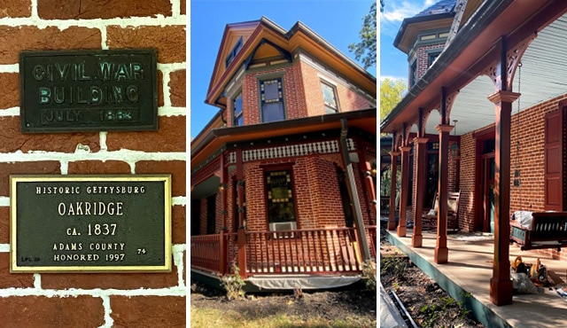 Tres imágenes del exterior de una casa histórica que fue repintada para renovar sus colores originales.