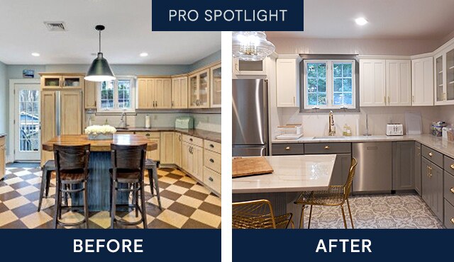 A before-and-after photo of a kitchen transformation where cabinets and island were repainted.