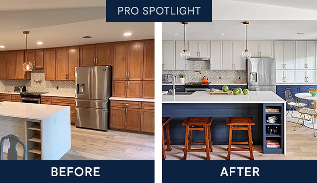 Before and after kitchen transformation featuring dated cabinets that were updated to a two-toned style with gray on top and navy blue on bottom.
