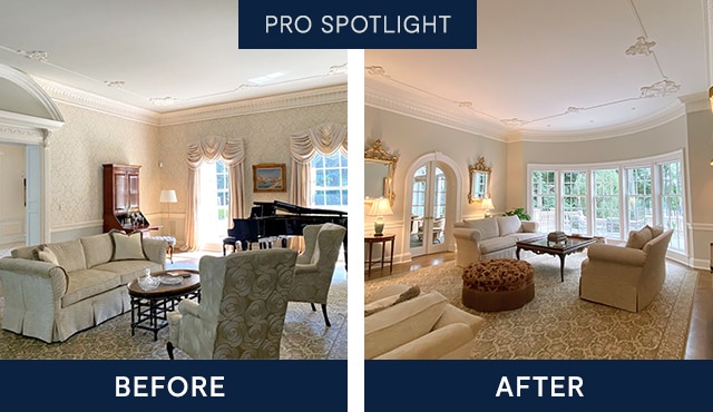 A before-and-after photo of a living room remodel featuring light gray walls with an arched doorway and wall-to-wall curved windows.