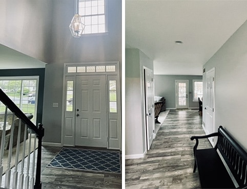 Two images of a gray-painted entryway with stairs and black bench. 