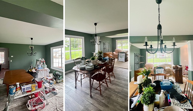 Three images of a green-painted dining room with a wooden table and chairs, and a metal chandelier.
