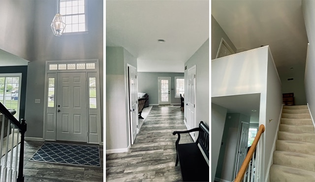Three images of a gray-painted entryway with stairs and black bench. 