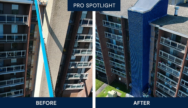 A side-by-side image of an apartment complex in the process of having the exterior painted.