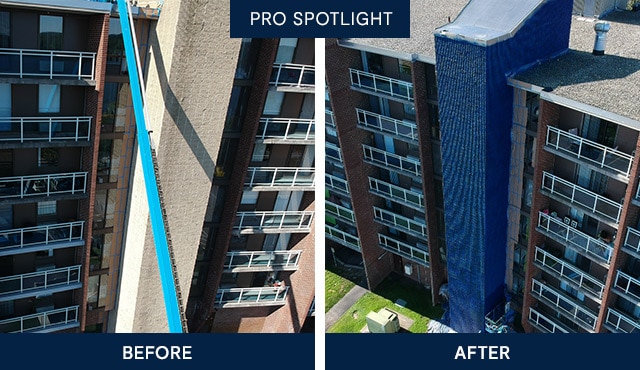 Dos imágenes contiguas de un complejo de apartamentos en proceso de pintura exterior.