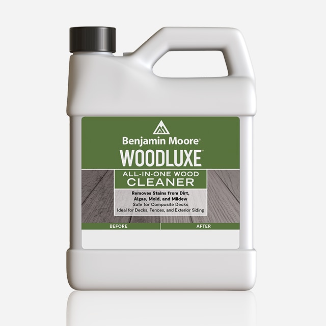 A one-gallon plastic container of Woodluxe® All-In-One Wood Cleaner.