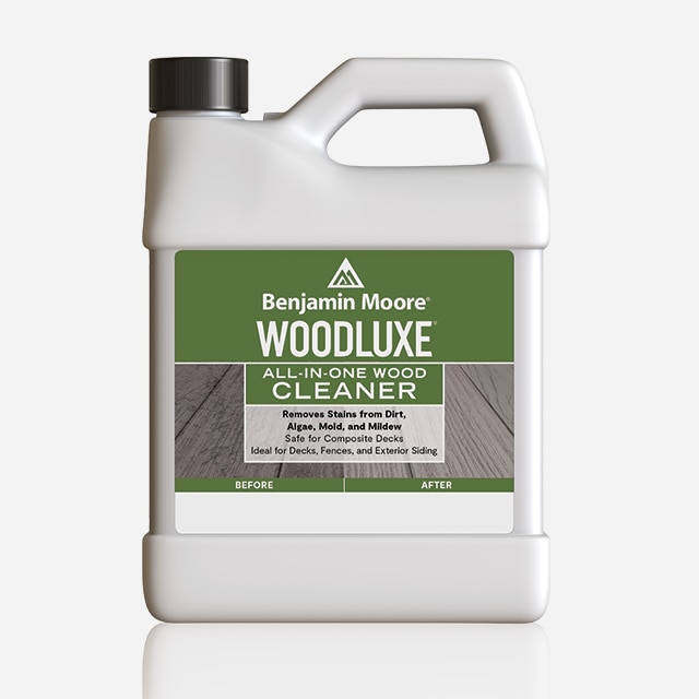 A one-gallon plastic container of Woodluxe® All-In-One Wood Cleaner. A one-gallon plastic container of Woodluxe® All-In-One Wood Cleaner.