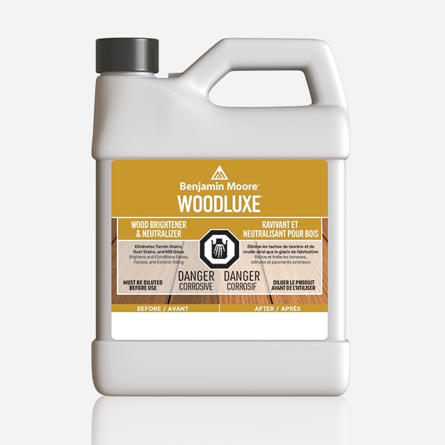 A 3.79 L plastic container of Woodluxe® Wood Brightener and Neutralizer. A 3.79 L plastic container of Woodluxe® Wood Brightener and Neutralizer.
