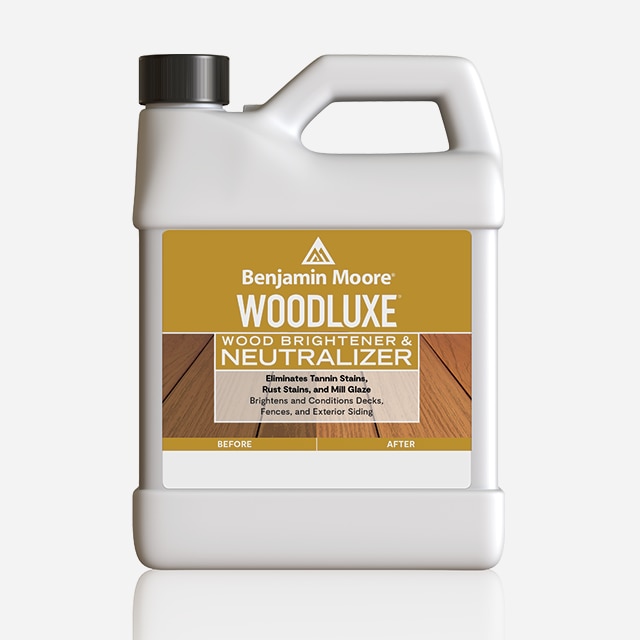 A one-gallon plastic container of Woodluxe® Wood Brightener and Neutralizer. A one-gallon plastic container of Woodluxe® Wood Brightener and Neutralizer.