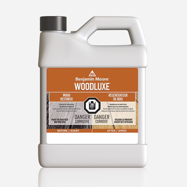 A 3.79 L plastic container of Woodluxe® Wood Restorer.
