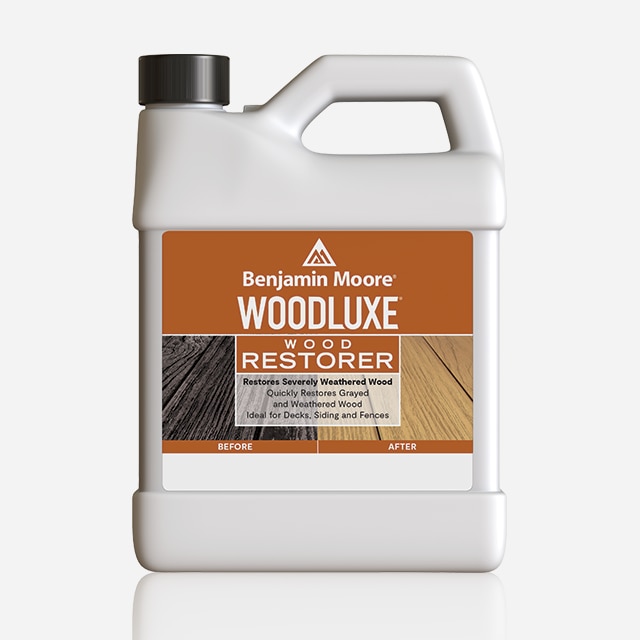 A one-gallon plastic container of Woodluxe® Wood Restorer.