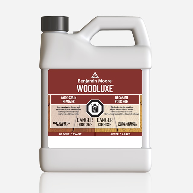 A 3.79 L plastic container of Woodluxe® Wood Stain Remover.