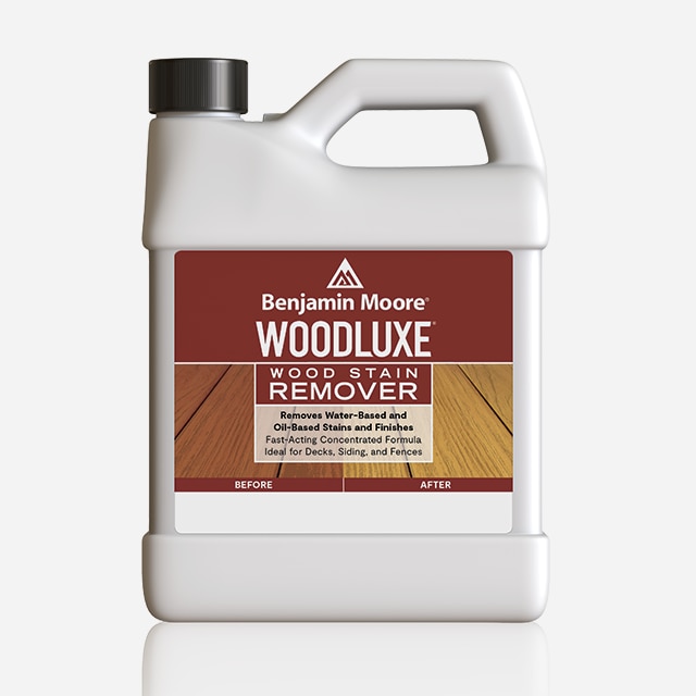 A one-gallon plastic container of Woodluxe® Wood Stain Remover.