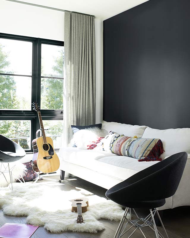 Living room walls painted in Baby Seal Black ben paint colour