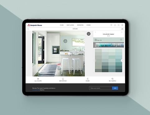 Une tablette montrant la page des outils Assurance-couleur de Benjamin Moore.