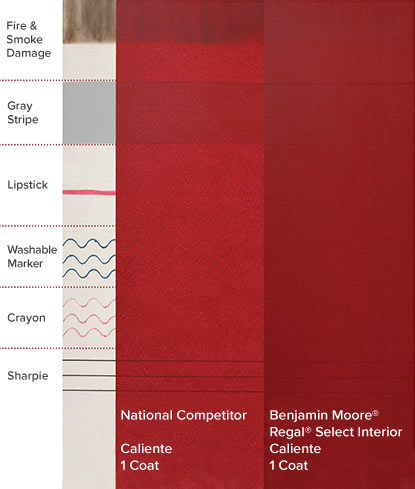 An illustration shows the superior hide of a Gennex®-engineered Benjamin Moore paint compared to its closest national competitor.