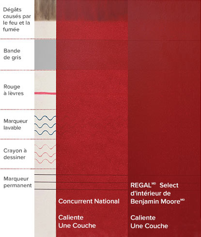 Une illustration montre le pouvoir couvrant supérieur d'une peinture Benjamin Moore conçue avec les colorants Gennex en comparaison avec celui de la peinture de son principal concurrent national.