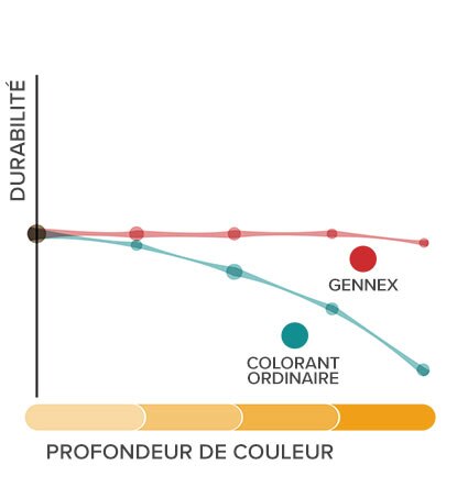 Une illustration montre la durabilité supérieure des colorants Gennex en comparaison avec celle des colorants ordinaires.