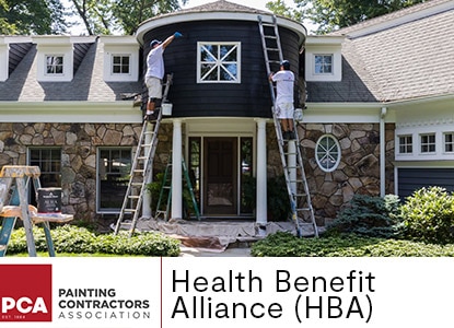 Two painters on ladders painting the exterior top front entrance of a house with black paint.