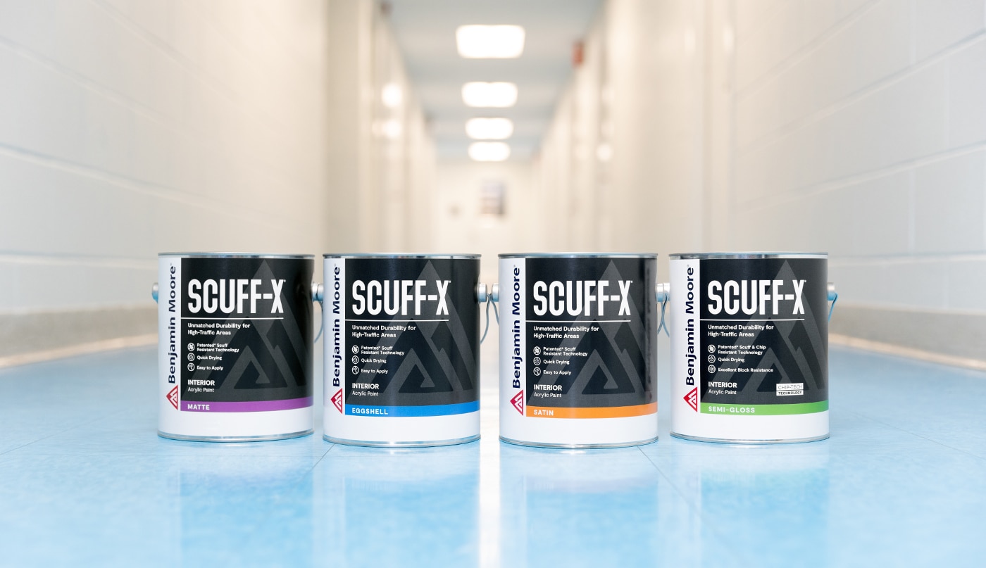 Four gallons of Scuff-X Interior paint in matte, eggshell, satin and semi-gloss finishes.