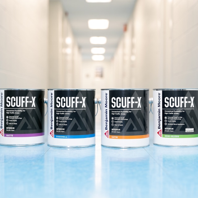 Four gallons of Scuff-X Interior paint in matte, eggshell, satin and semi-gloss finishes.