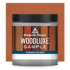 Miniatura de un frasco de Woodluxe® Muestra de tinte para exteriores en Traslúcido sobre un fondo en Caoba ES-60.