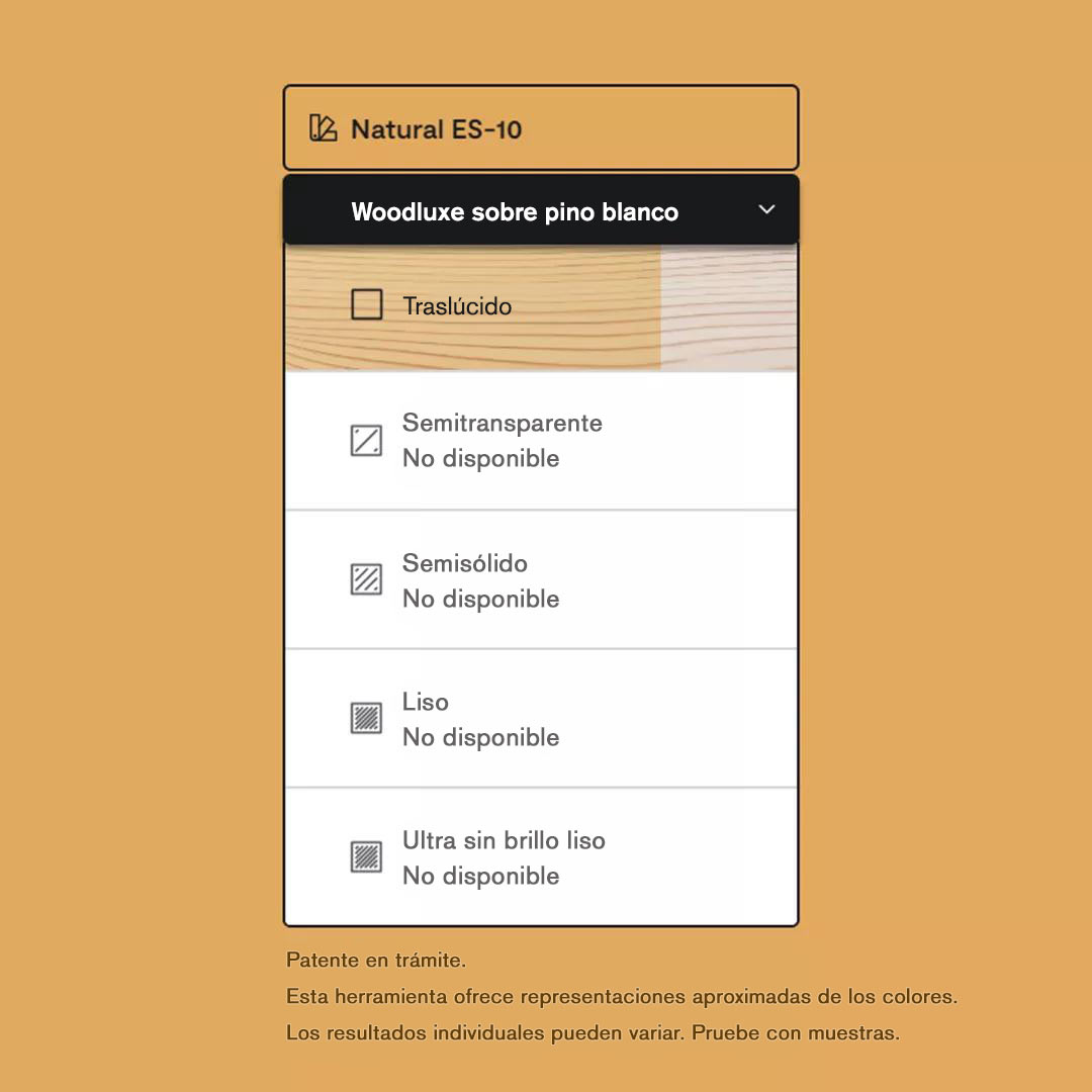 La interfaz de una herramienta de búsqueda de colores de tintes para exteriores, que muestra la disponibilidad de Woodluxe® Tinte para exteriores en Natural ES-10, en diferentes opacidades.