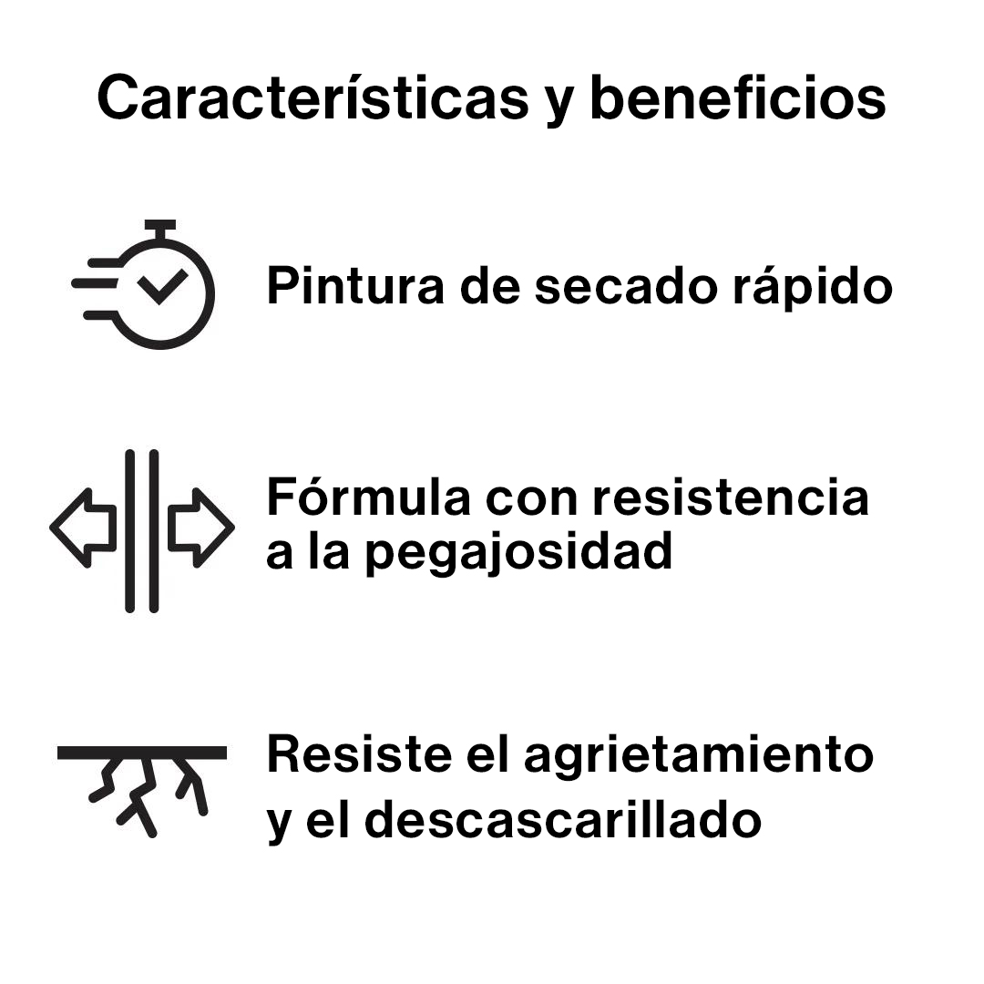 Íconos que indican pintura de secado rápido, fórmula con resistencia a la pegajosidad y resistencia al agrietamiento y el descascarillado.