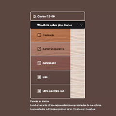 Miniatura de la interfaz de una herramienta de búsqueda de colores de tintes para exteriores, que muestra la apariencia representada de Woodluxe® Tinte para exteriores en Caoba ES-60, en diferentes tipos de madera.