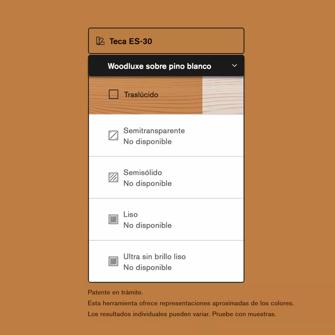 La interfaz de una herramienta de búsqueda de colores de tintes para exteriores, que muestra la disponibilidad de Woodluxe® Tinte para exteriores en Teca ES-30, en diferentes opacidades.