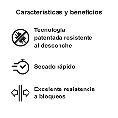 Miniatura: Íconos que indican una tecnología patentada resistente a las rozaduras y el astillado, una fórmula de rápido secado y resistencia al bloqueo.