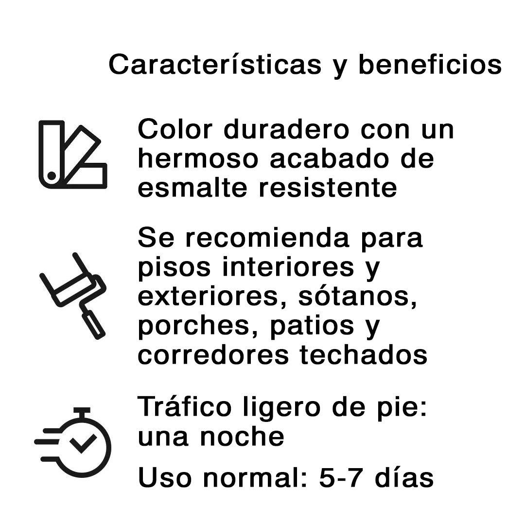 Íconos que indican un color duradero en un acabado de esmalte duro, uso en pisos interiores y exteriores, y tráfico de pie liviano permitido por la noche con un servicio completo en cinco a siete días.