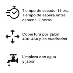 Miniatura de un icono de temporizador que indica un tiempo de secado de una hora y un tiempo de espera entre capas de una a dos horas, un círculo con un icono de flechas que indica una cobertura de 400 a 450 pies cuadrados por 1 galón, y un icono de grifo que indica limpieza con agua y jabón.