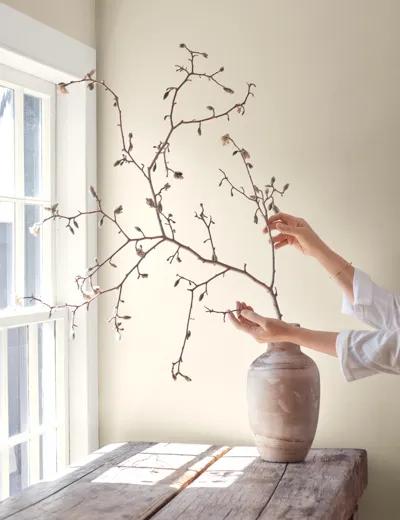 Un jarrón claro en una habitación pintada de blanco impuro con marcos blancos.