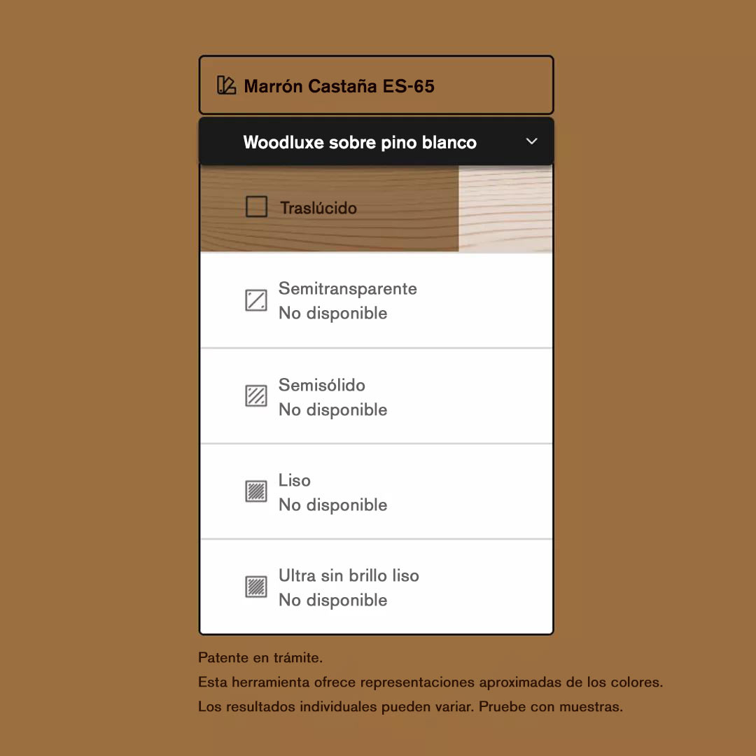 La interfaz de una herramienta de búsqueda de colores de tintes para exteriores, que muestra la disponibilidad de Woodluxe® Tinte para exteriores en Marrón Castaña ES-65, en diferentes opacidades.