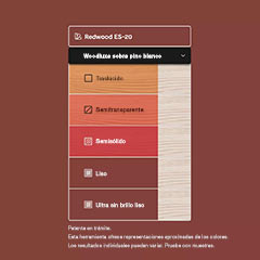 Miniatura de la interfaz de una herramienta de búsqueda de colores de tintes para exteriores, que muestra la apariencia representada de Woodluxe® Tinte para exteriores en Redwood ES-20, en diferentes tipos de madera.