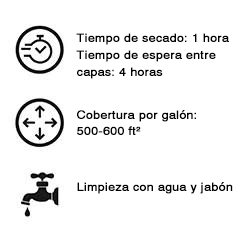 Miniatura: Íconos que indican un tiempo de secado de una hora y tiempo de espera entre capas de doce horas; cobertura de entre quinientos y seiscientos pies cuadrados por galón; y limpieza.